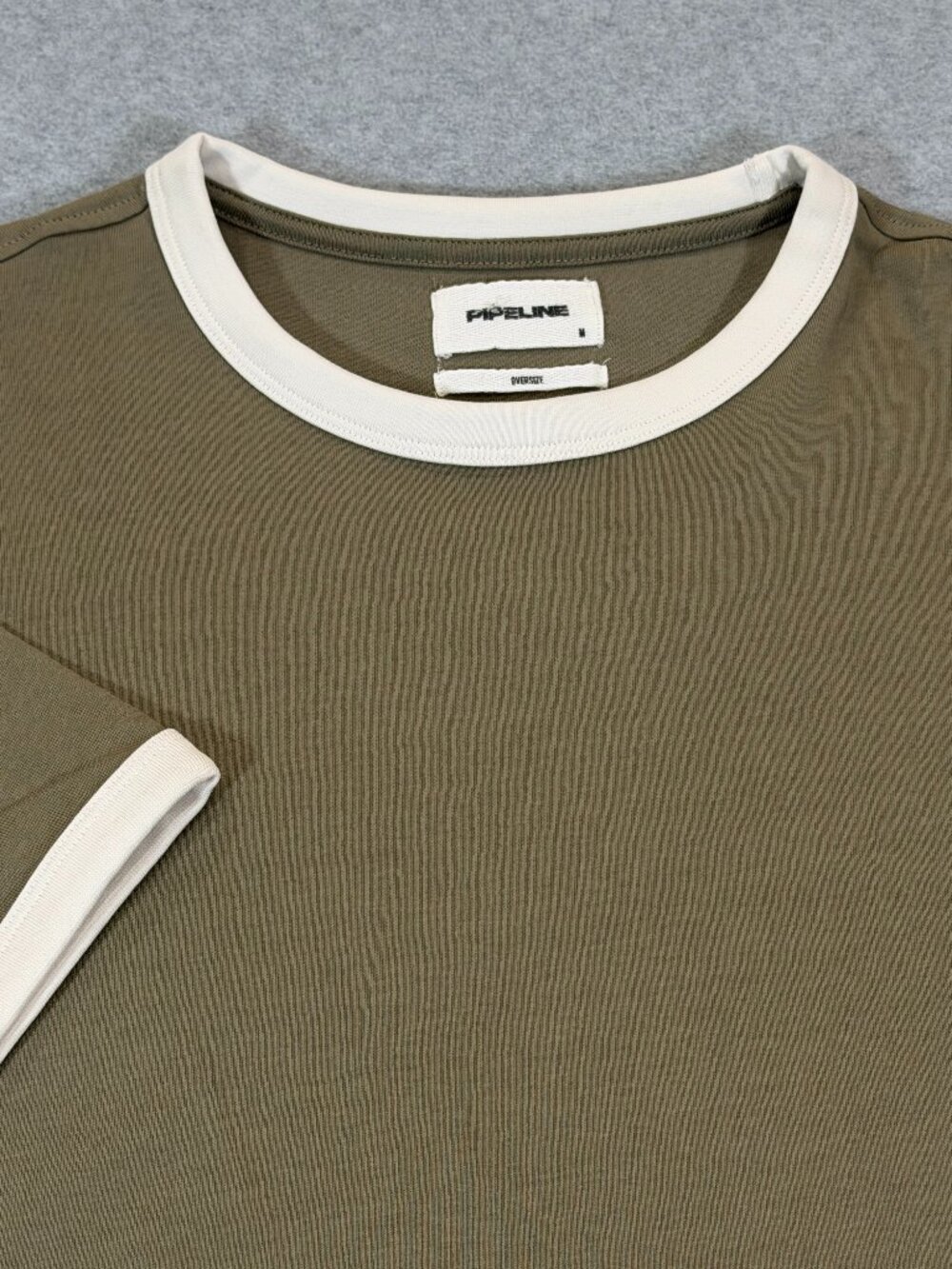 Pipeline Mens Ringer T-Shirt M Silver Sage Green Oversize Fit 100% Cotton NWT